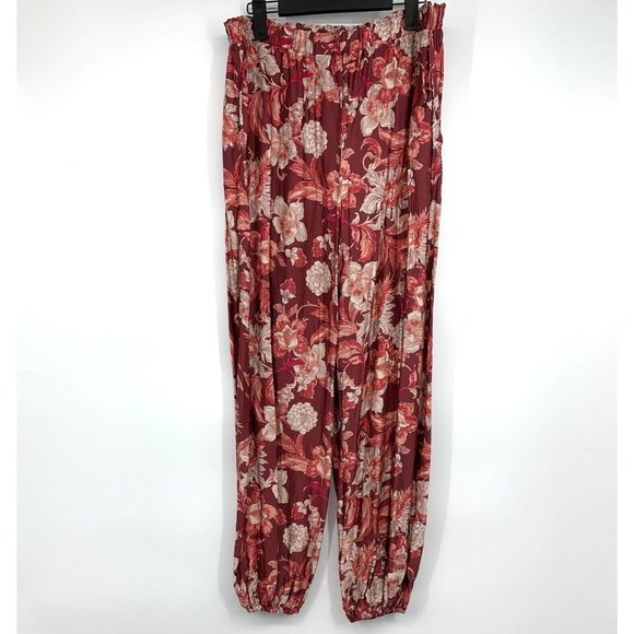 Zara Jogger Pants Floral Print Red Pull On High Rise - Picture 3 of 13